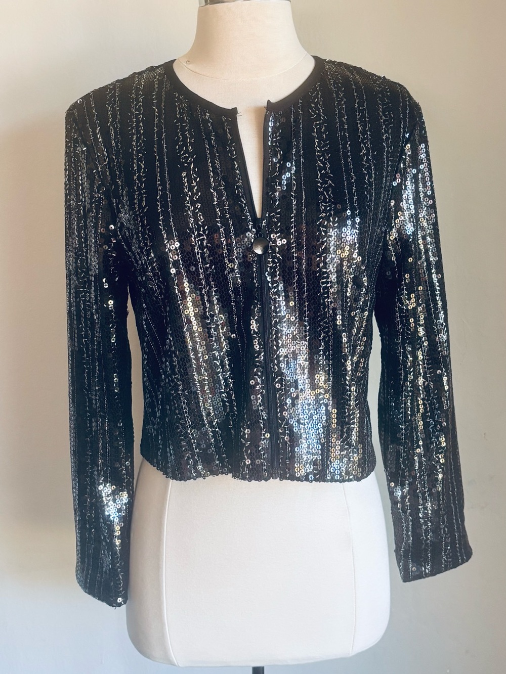 Christian Siriano Black Sequin Cropped Zip-Up Jacket, XS